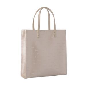 Harrods London Logo Embossed Tote Bag Pearl Cream Patent Leather Top Handle Shop